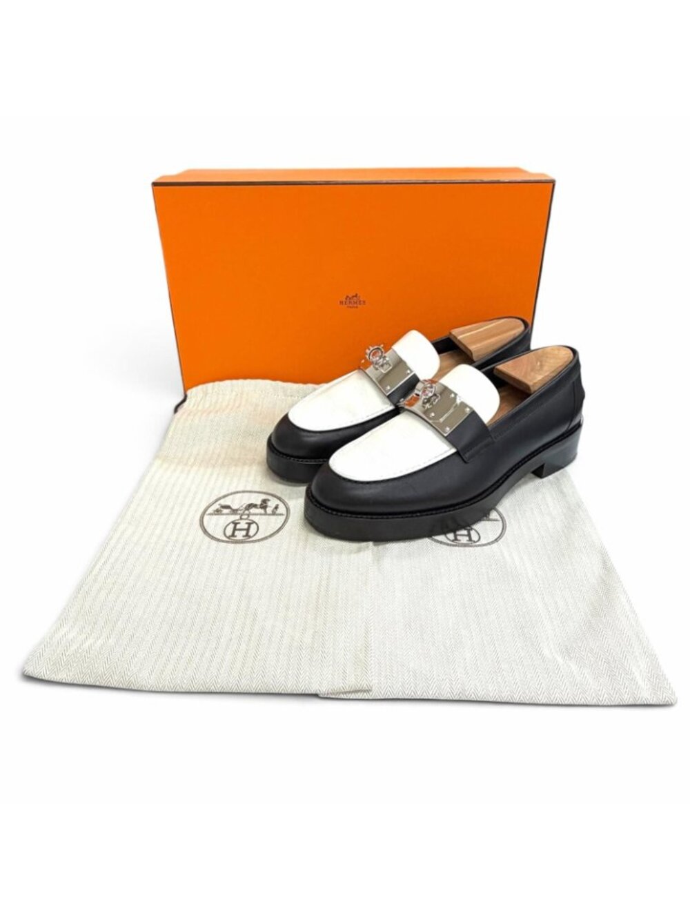 Hermes Hot Loafers Leather Moccasins Kelly Buckle Shoes Black White IT - Picture 2 of 12